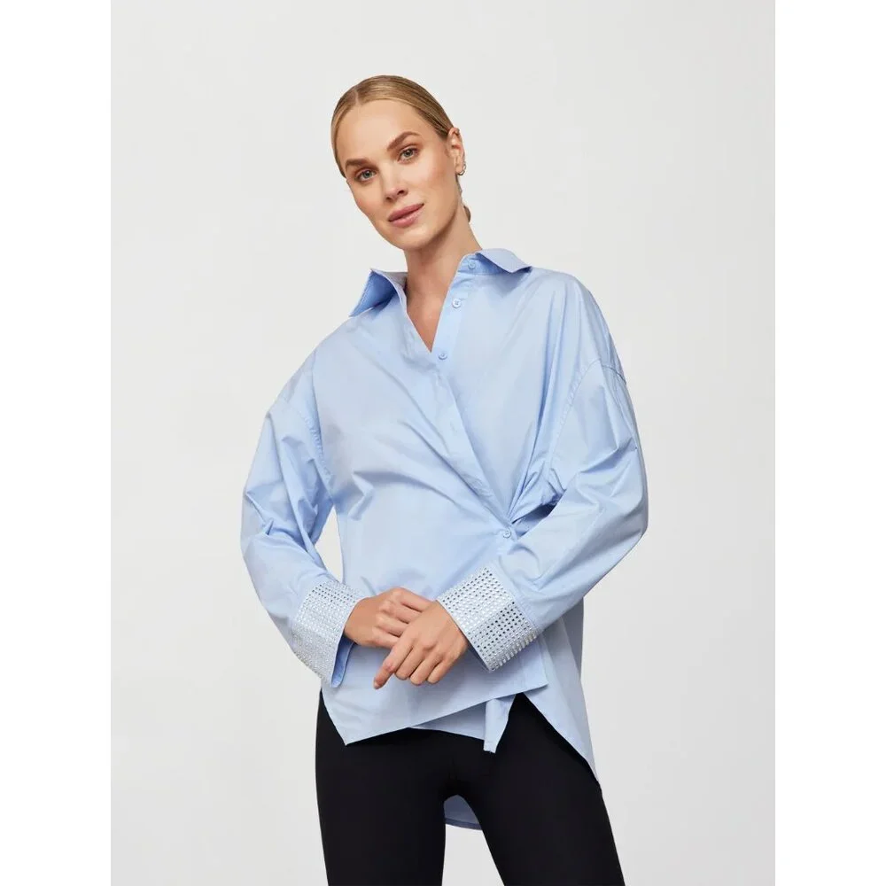 Carbon38 Women's Rhinestone Oversized Button Up Shirt Size Small Light Blue - Picture 1 of 9